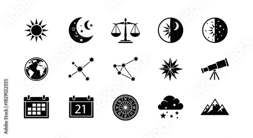 Celestial and astronomical symbol collection: sun, moon, zodiac, and telescope designs