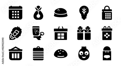 Bold and simple icons for daily essentials and activities in minimalist style