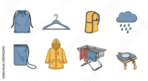 Colorful set of rainwear, laundry, and accessories icons in modern flat style