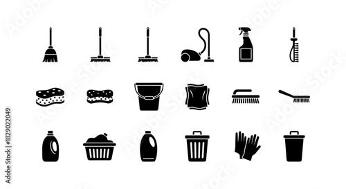 Household cleaning tools icon set for everyday use