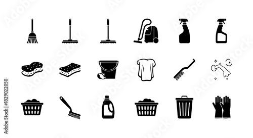 Set of cleaning tools icons featuring broom, vacuum, and detergent in silhouette style