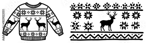 Christmas knitted sweater with reindeer pattern and ornament border vector illustration