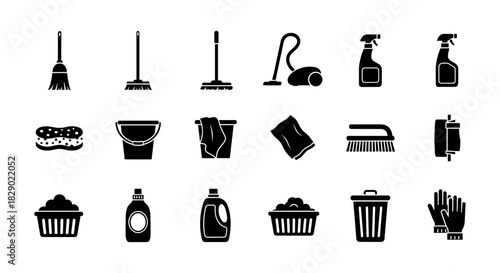Essential cleaning supplies icons: broom, mop, vacuum, and more in bold silhouette design