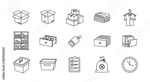 Organized living: essential household and storage icons for minimalist designs