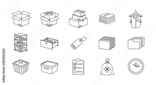 Organizational essentials set: boxes, clothes, tags, and more in linear style