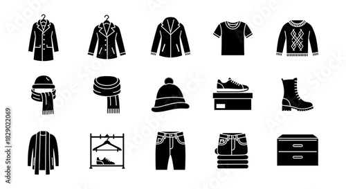 Stylish black silhouette icons of clothing and accessories for fashion design