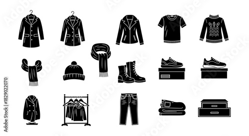 Winter fashion silhouette icons: coats, jackets, and accessories collection