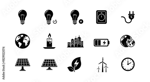 Eco-friendly energy icons set featuring solar, wind, and urban elements
