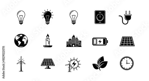 Eco-friendly energy icons: renewable resources and sustainability symbols in silhouette style