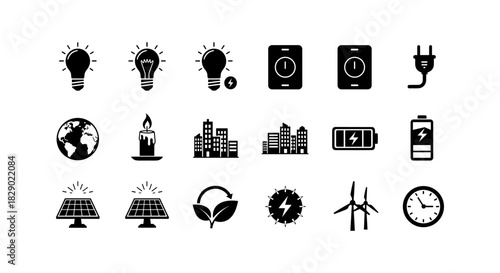 Eco-friendly technology icons: solar, wind, energy, and more in simple black silhouette style