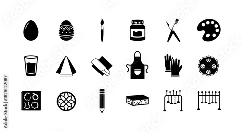 Creative art supplies icons: monochrome silhouettes for crafting and design