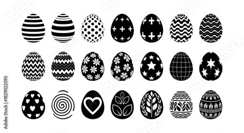 Collection of black and white easter eggs with geometric and floral patterns