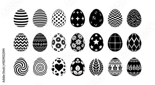 Black and white decorative easter egg patterns in silhouette style