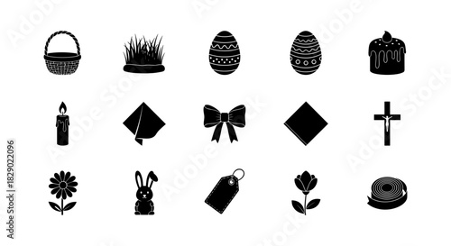 Easter icon set: eggs, bunny, candy, candle, symbols of spring tradition