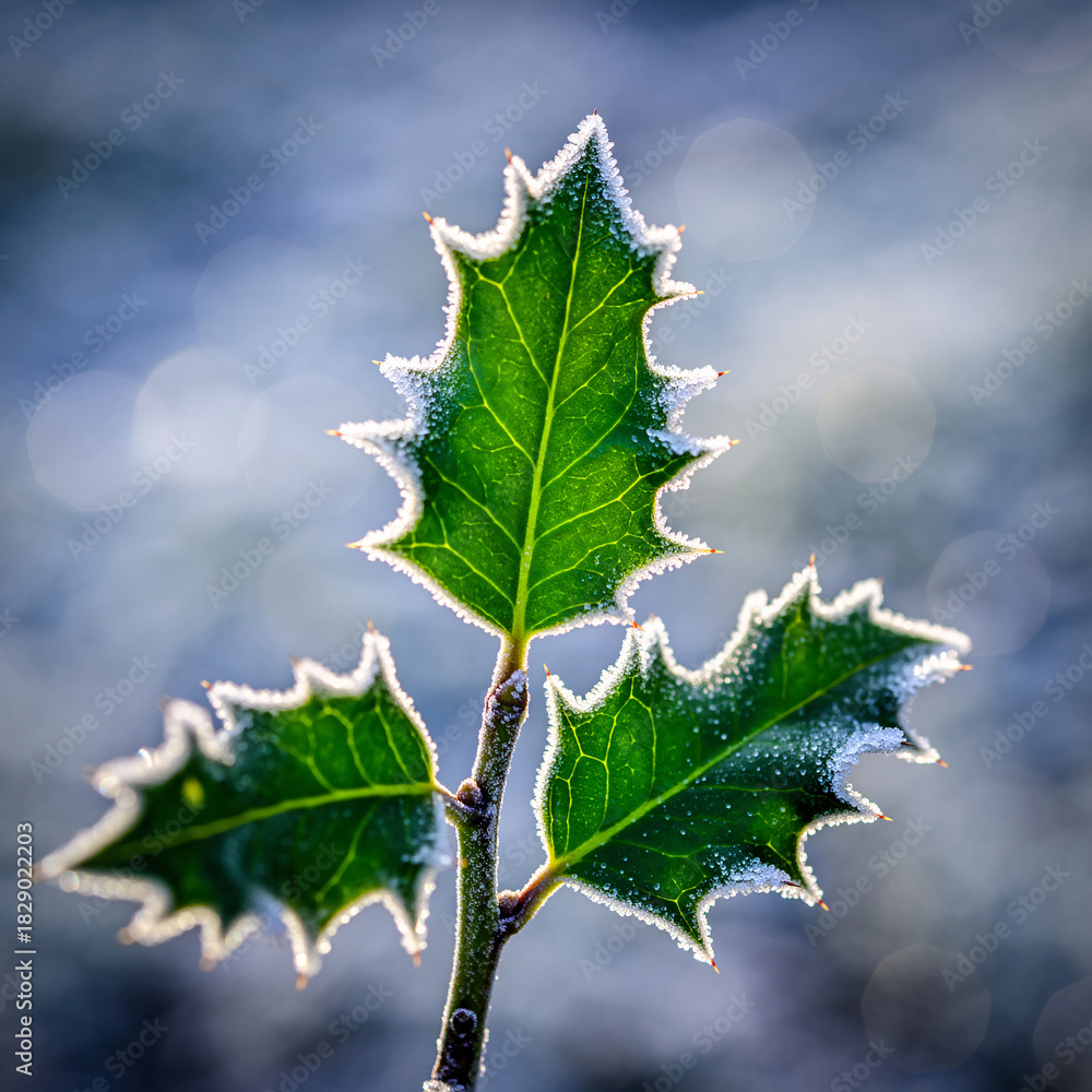 Fototapeta premium Frost on green holly leaves in bright winter sunlight macro photography