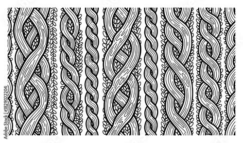 Knitted wool pattern vector set showing vertical cable knit braids and sweater texture in hand drawn sketch style