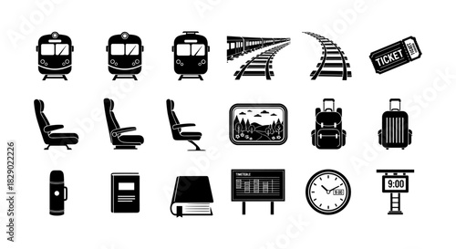 Train travel elements: icon set featuring seats, tracks, and timetables for journey planning
