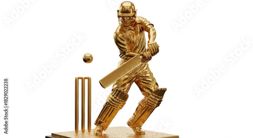 Golden cricket trophy capturing iconic batter action and wicket