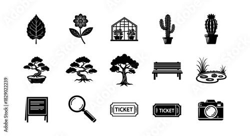 Nature and leisure: silhouette icons of plants, bonsai, tickets, and more