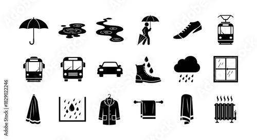 Essential weather and transit icons in minimalist black silhouette design