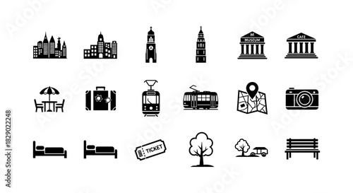 Essential travel icons set for urban and leisure adventures