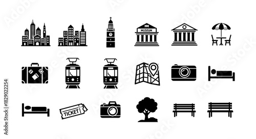Travel and city icon set with buildings, transportation, and landmarks