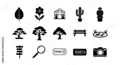 Nature and exploration icons collection: plants, park, and leisure elements in black silhouette style