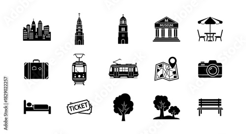 Travel and city life icons: urban, transportation, and leisure silhouettes