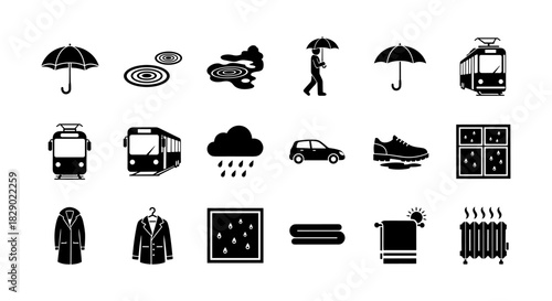 Minimalist black and white weather and transportation icons collection