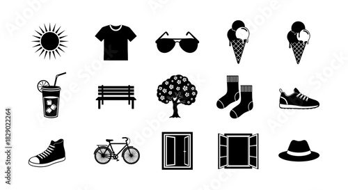Essential black and white silhouette icons: fashion, leisure, and nature