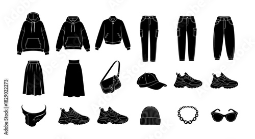 Trendy casual clothing and accessories silhouette collection