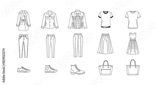 Fashionable wardrobe essentials: outline collection of clothing and accessories