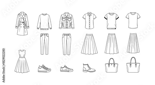 Minimalist linear women's fashion outfit collection with clothing and accessories