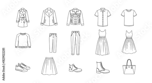 Minimalist linear fashion outlines featuring clothing and accessories