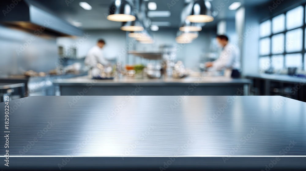 Obraz premium Stainless Steel Countertop in Modern Kitchen with Chefs at Work