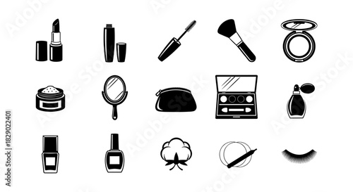 Elegant monochrome beauty icons collection: makeup essentials in black and white