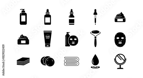 Silhouette icons of skincare products and tools for beauty and wellness