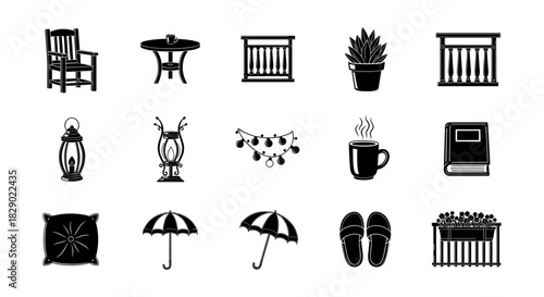 Elegant black and white home decor icons featuring furniture and accessories