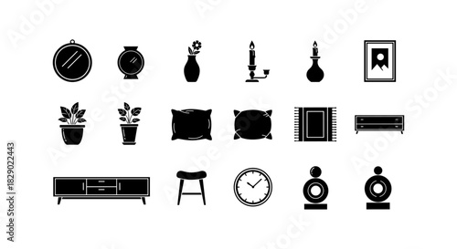 Minimalist home decor icons set featuring furniture, plants, and accessories in black silhouette