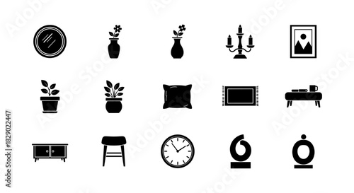 Minimalist home decor icons collection: flat silhouette designs for modern interiors