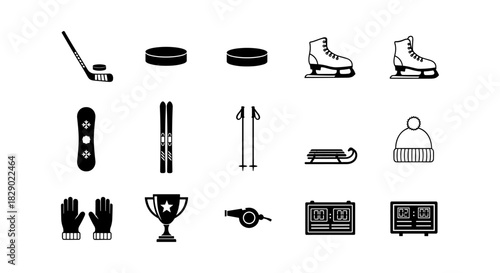 Winter sports equipment icons set featuring hockey skates, snowboard, and ski gear in linear style