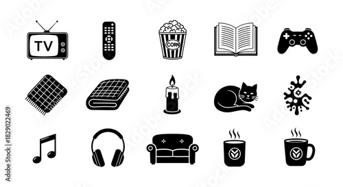 Cozy home entertainment icons: tv, snacks, books, and relaxation in minimal black style