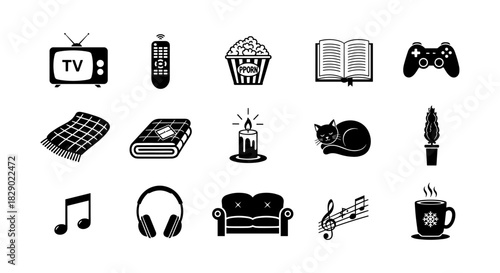 Cozy icons collection featuring entertainment, relaxation, and home comfort elements