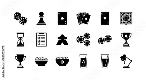 Black and white game icons collection featuring cards, dice, and trophies in flat style