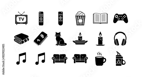 Cozy home entertainment icons: relaxation and leisure essentials for modern living