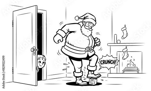 Funny Santa Claus stepping on toy block causing pain while child watches cartoon vector illustration