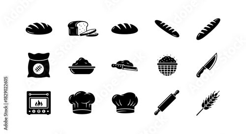 Bakery icons set: bread, pastry, and baking tools in simple black silhouette style
