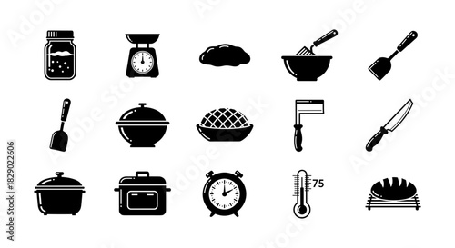 Silhouette icons of baking tools and equipment for kitchen enthusiasts