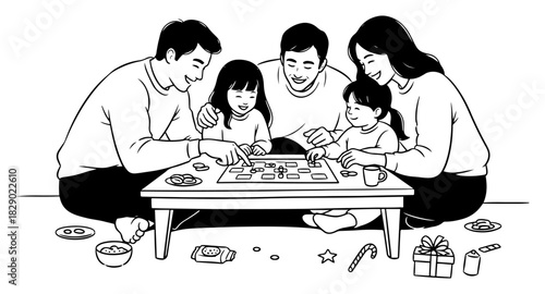 Happy family playing board game at the table during Christmas holidays hand drawn vector illustration