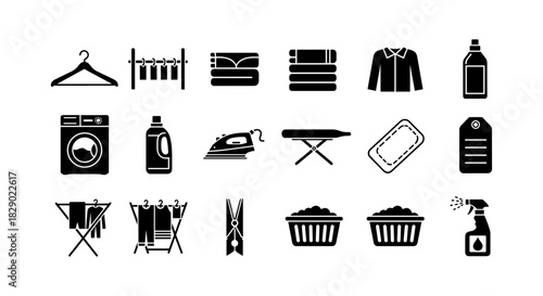 Laundry icon set: modern black silhouettes for home and fabric care